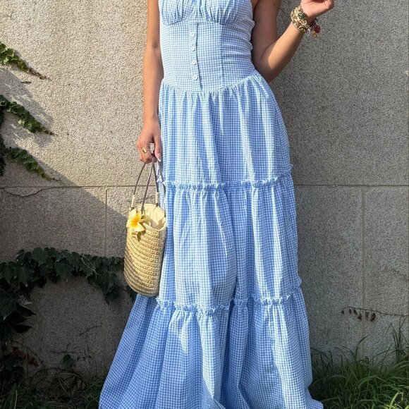 Blue And White Casual Women's Plaid Ruffle Trim Waist Strap Dress - Picture 3 of 7